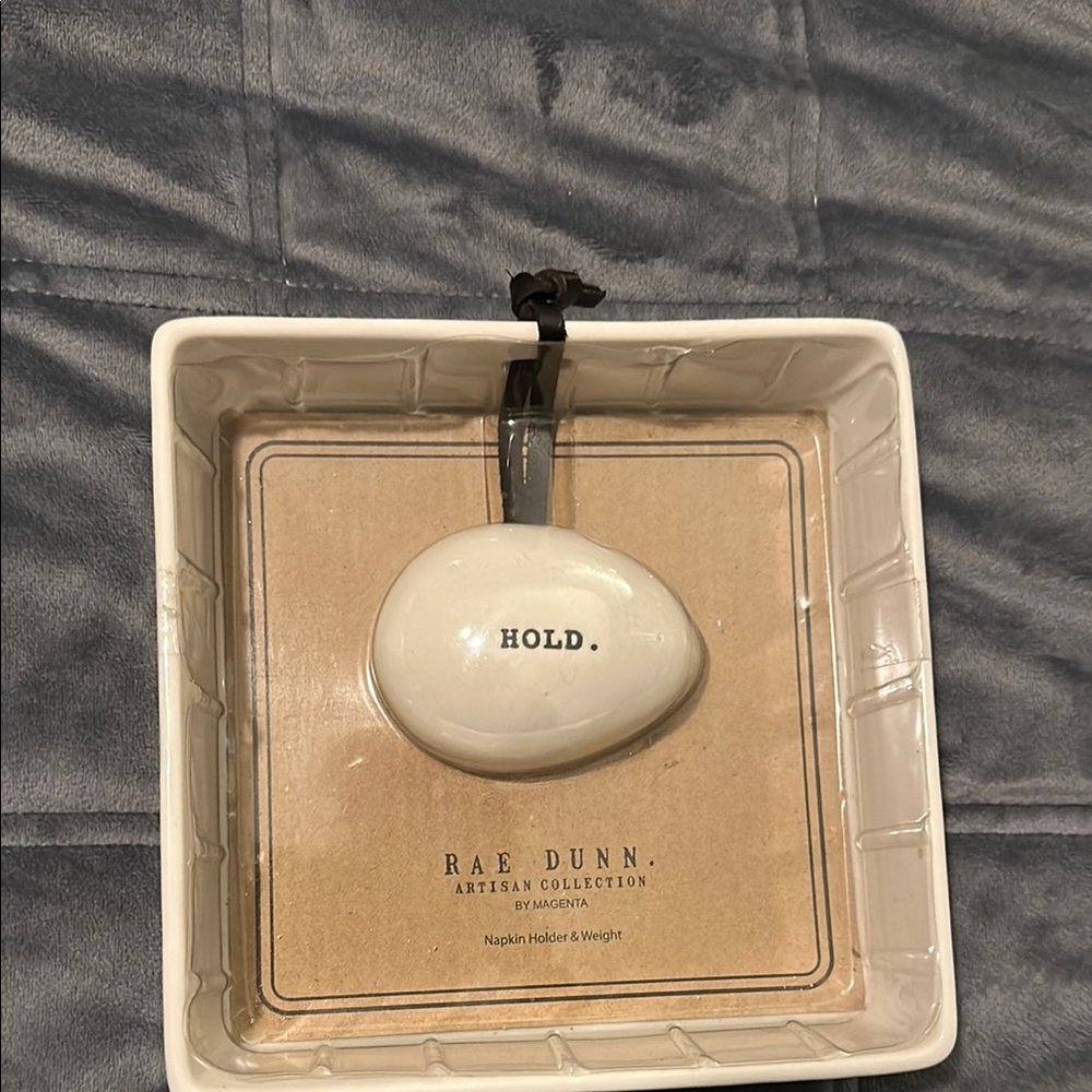 New in box. Rae Dunn Cream Napkin Holder with 'HOLD' Stone